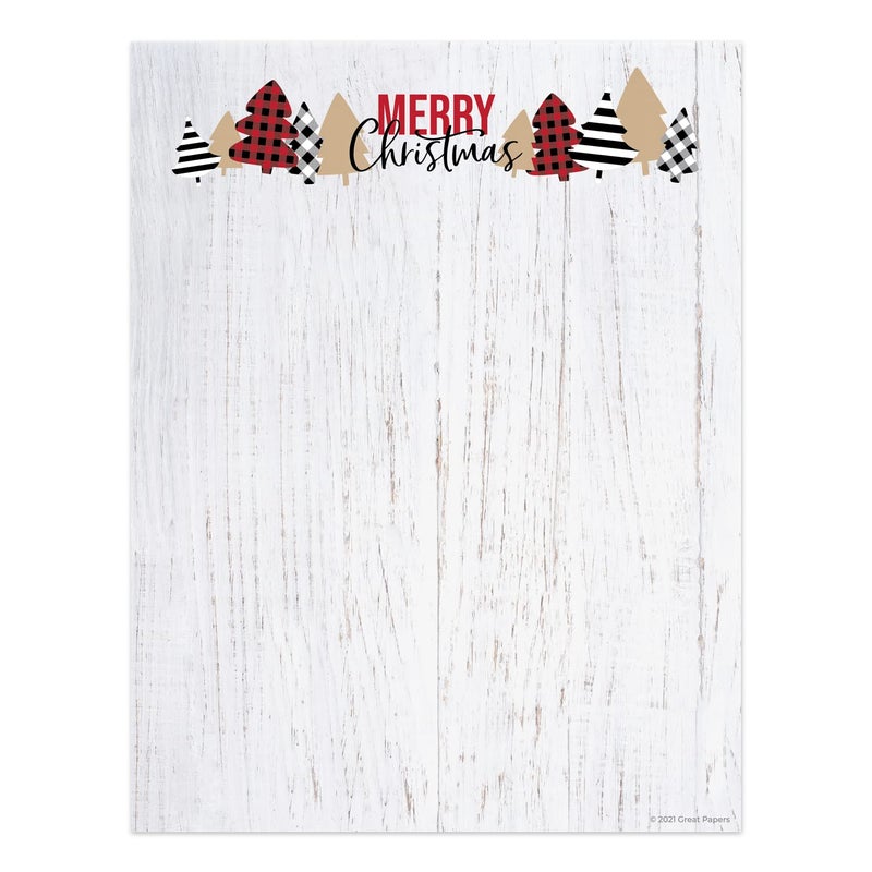 Canopy Street Patterned Trees Merry Christmas Letterhead / 50 Sheets Plaid Winter Holiday Design / 8.5"" x 11"" Rustic Modern Farmhouse Buffalo Check Paper - Image 1